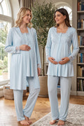 Lace Detailed 3-Piece Maternity Feeding-Friendly Pajama & Robe Set Blue - T2401