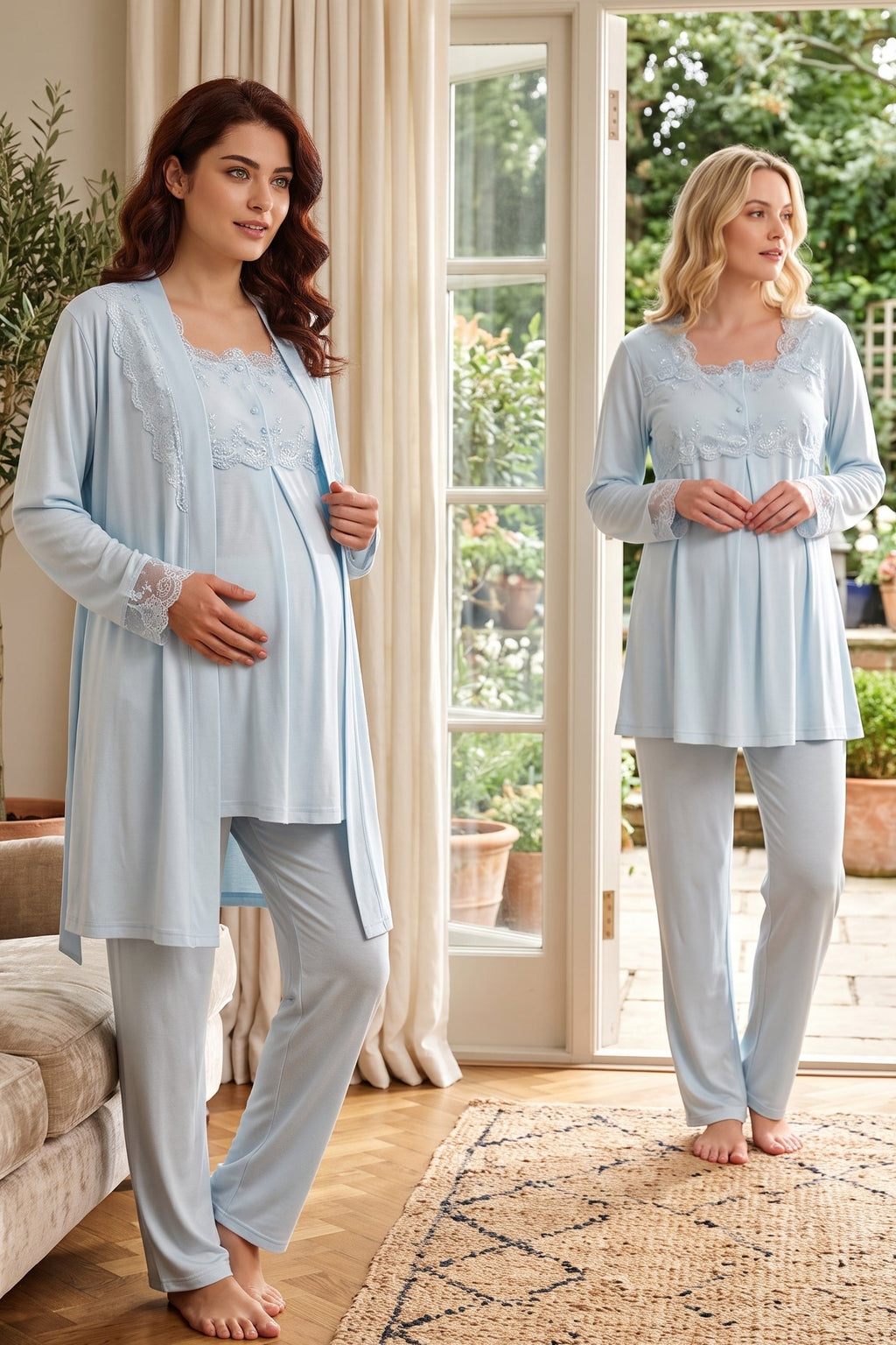 Lace Detailed 3-Piece Maternity Feeding-Friendly Pajama & Robe Set Blue - T2401