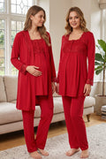 Lace Detailed 3-Piece Maternity Feeding-Friendly Pajama & Robe Set Cherry - T2401