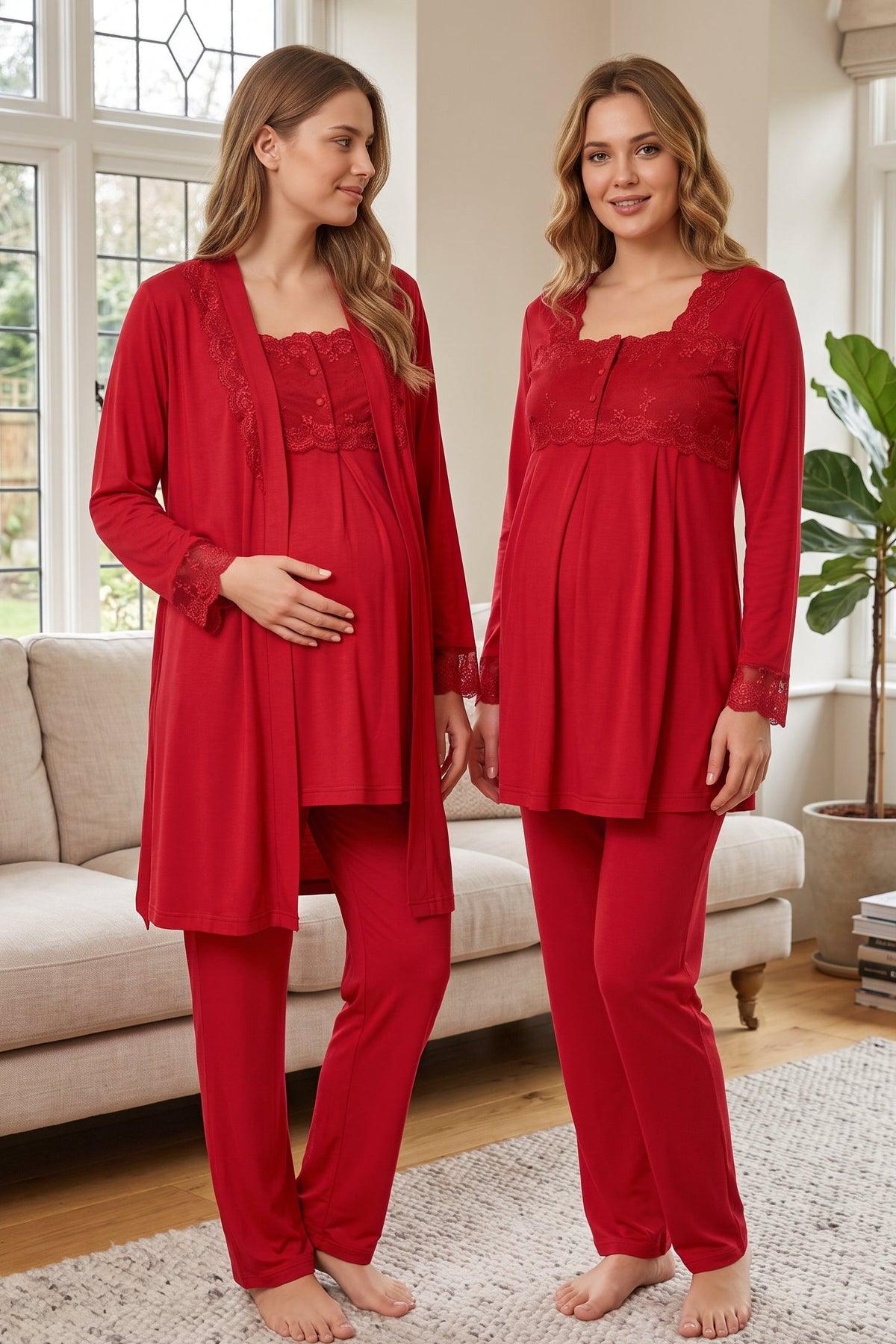 Lace Detailed 3-Piece Maternity Feeding-Friendly Pajama & Robe Set Cherry - T2401