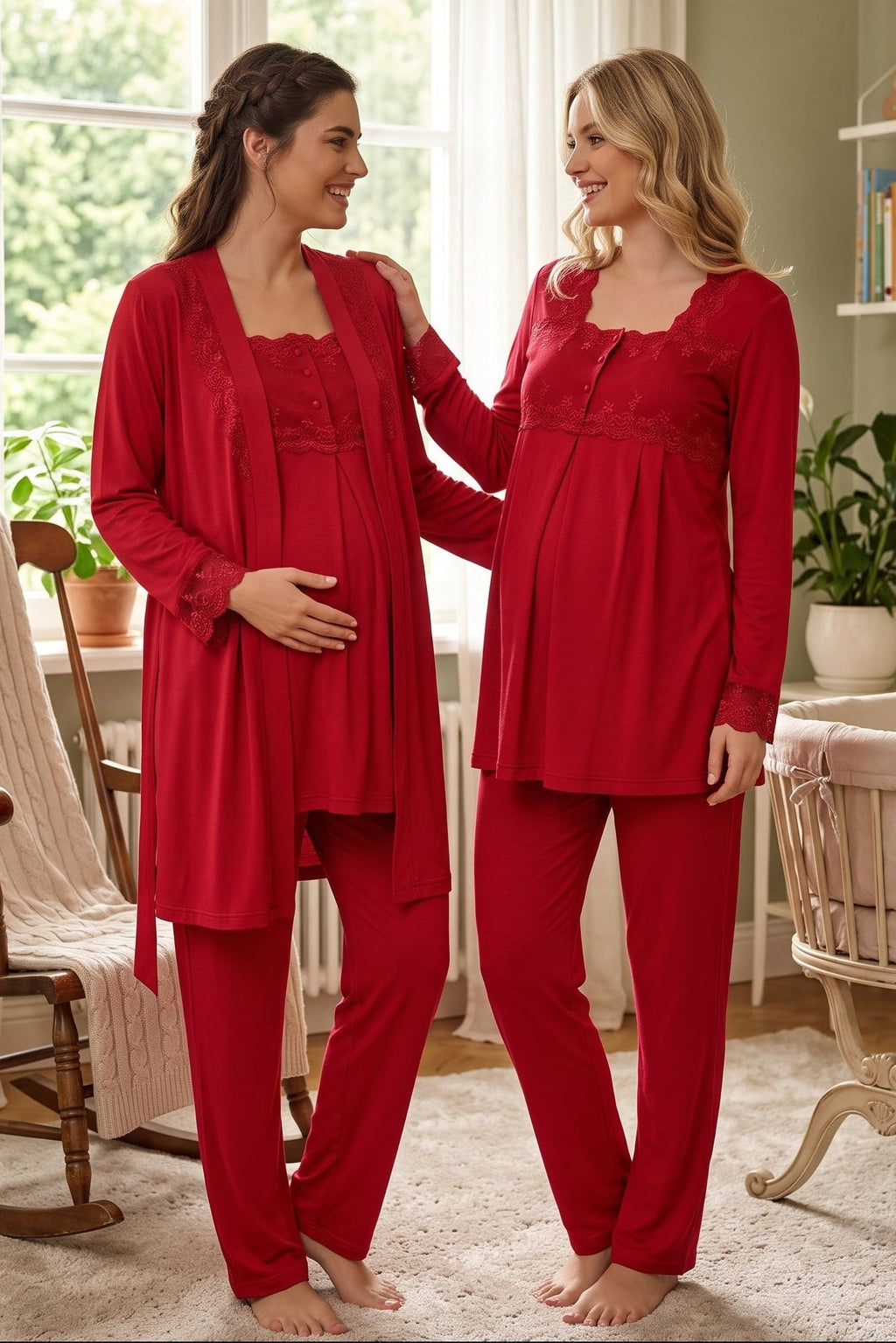 Lace Detailed 3-Piece Maternity Feeding-Friendly Pajama & Robe Set Cherry - T2401