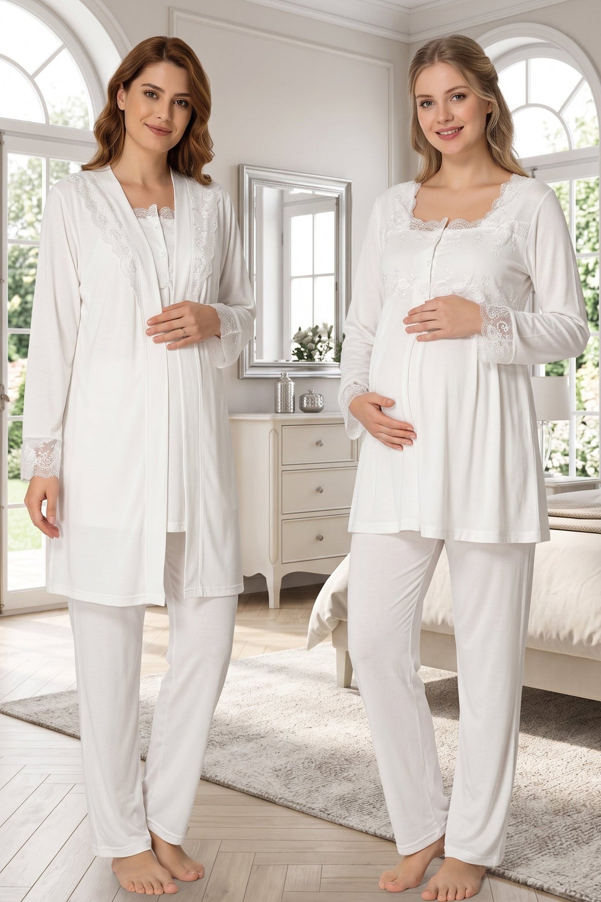 Lace Detailed 3-Piece Maternity Feeding-Friendly Pajama & Robe Set Ecru - T2401