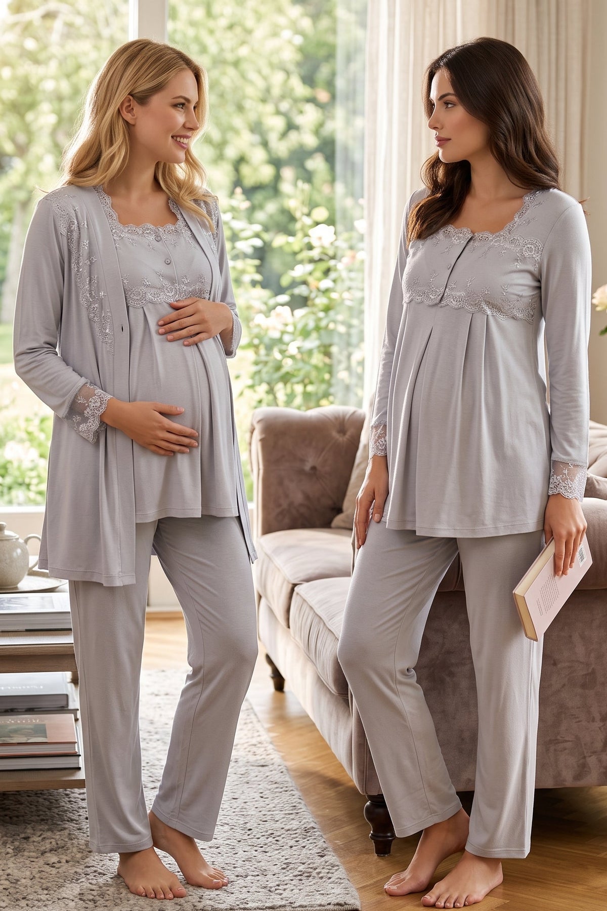 دانتيل مفصل 3-Piece بيجامة ورداء صديقة للأمومة - T2401