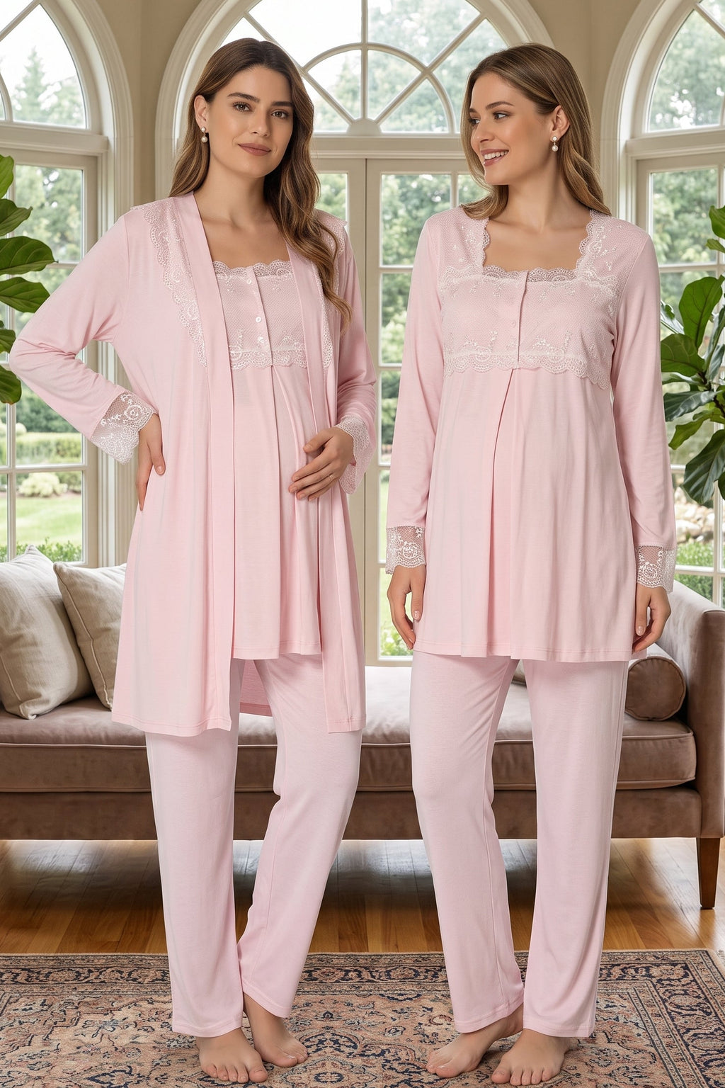 Lace Detailed 3-Piece Maternity Feeding-Friendly Pajama & Robe Set Pink - T2401