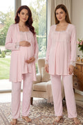 Lace Detailed 3-Piece Maternity Feeding-Friendly Pajama & Robe Set Pink - T2401