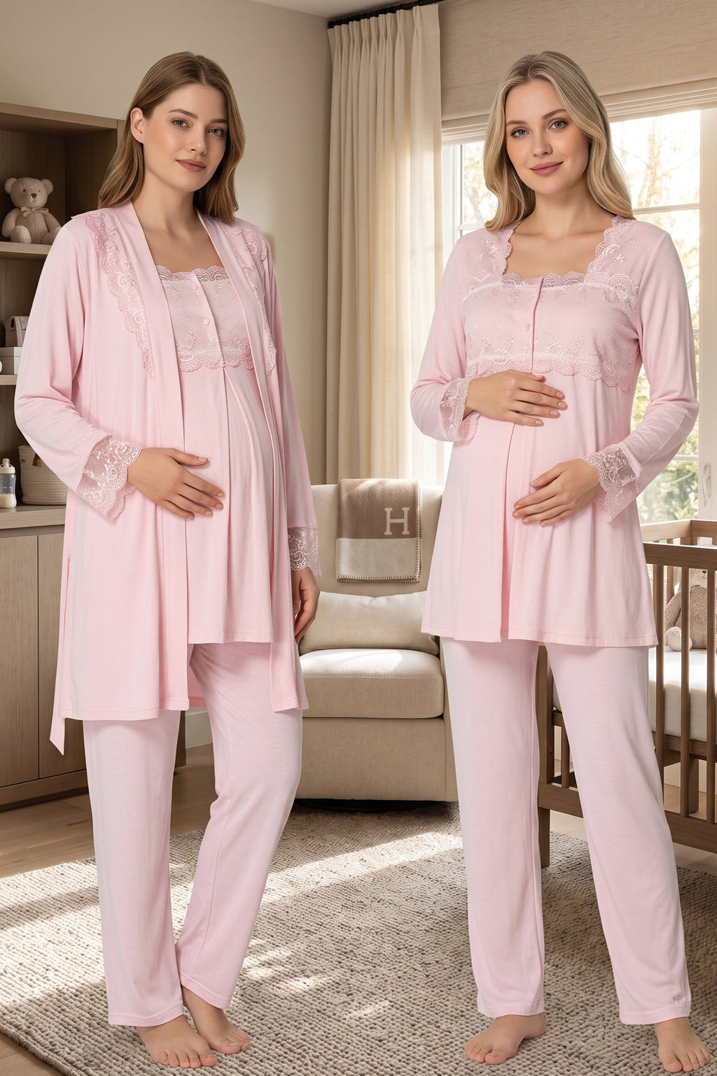 Lace Detailed 3-Piece Maternity Feeding-Friendly Pajama & Robe Set Pink - T2401