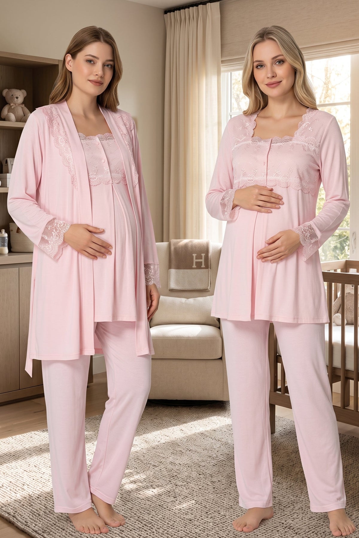 Lace Detailed 3-Piece Maternity Feeding-Friendly Pajama & Robe Set Pink - T2401