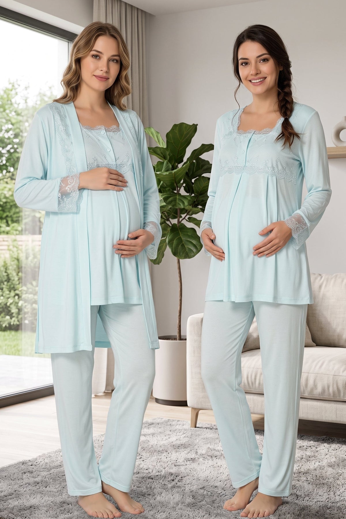 Lace Detailed 3-Piece Maternity Feeding-Friendly Pajama & Robe Set Turquoise - T2401