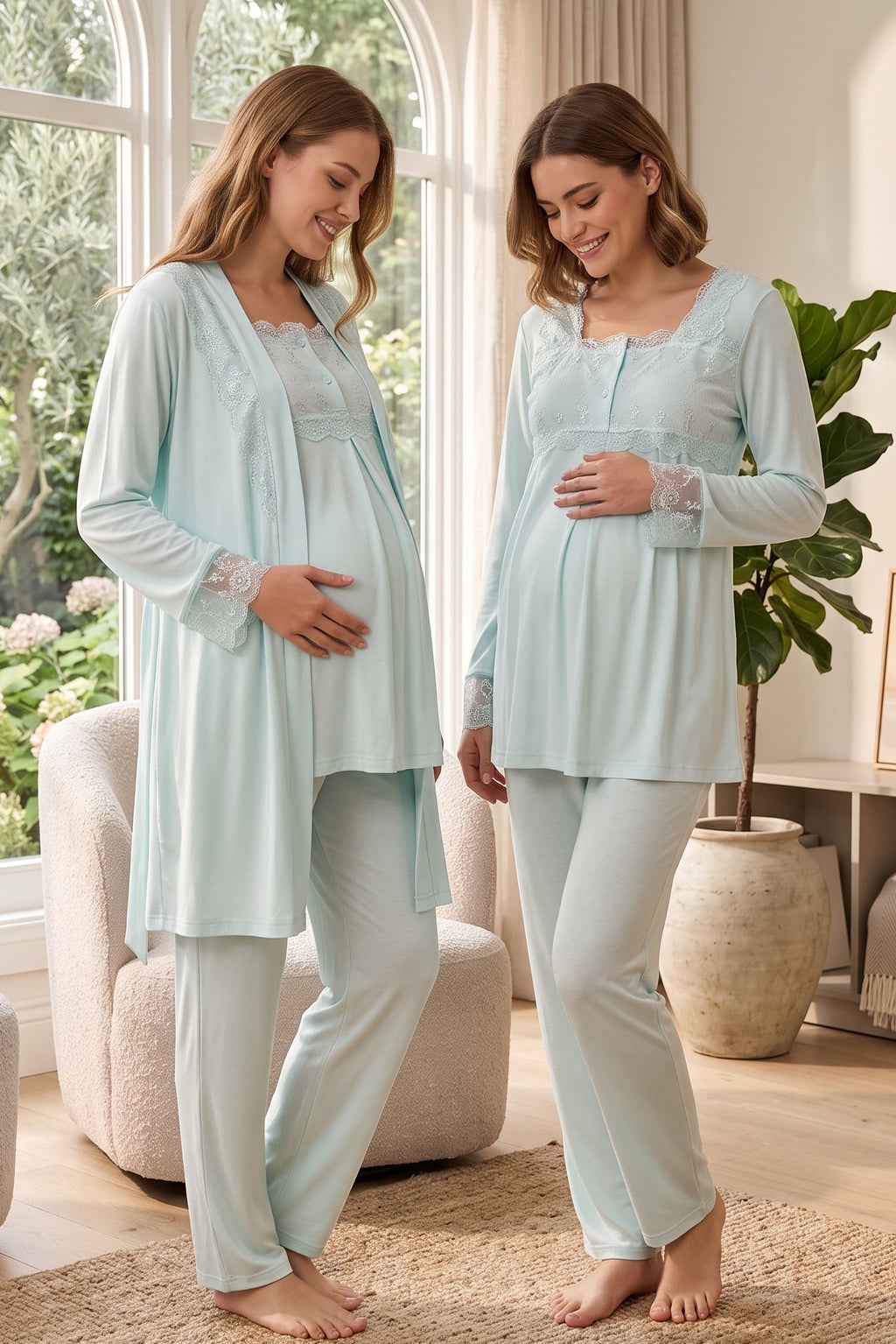 Lace Detailed 3-Piece Maternity Feeding-Friendly Pajama & Robe Set Turquoise - T2401