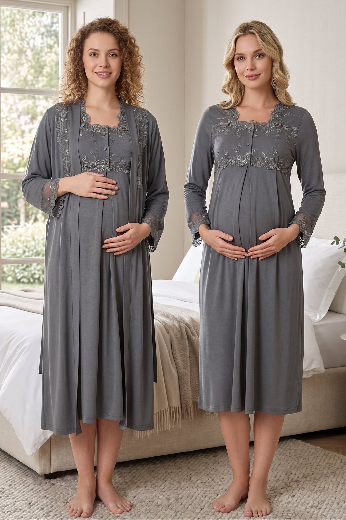 Lace Detailed Maternity Feeding-Friendly Nightgown & Robe Set Anthracite - T2402