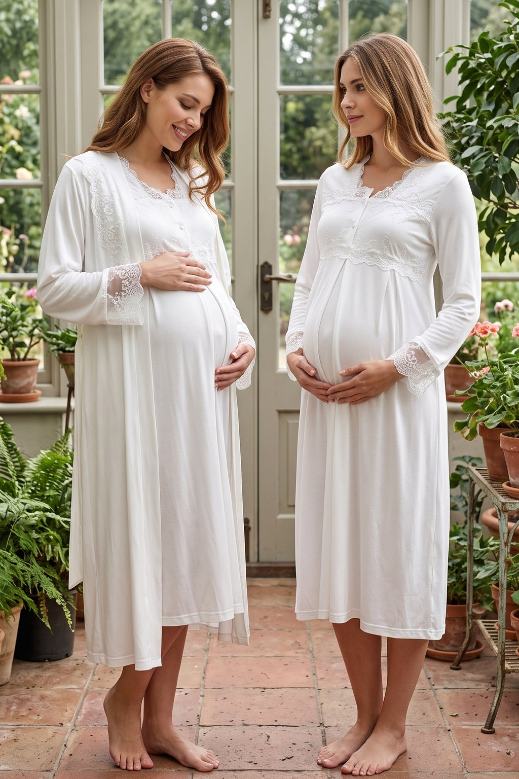 Lace Detailed Maternity Feeding-Friendly Nightgown & Robe Set Ecru - T2402