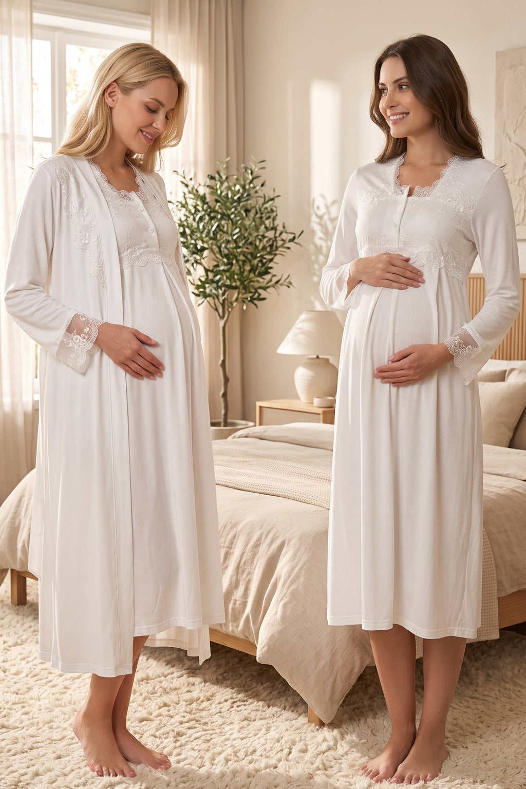 Lace Detailed Maternity Feeding-Friendly Nightgown & Robe Set Ecru - T2402