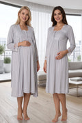 Lace Detailed Maternity Feeding-Friendly Nightgown & Robe Set Grey - T2402