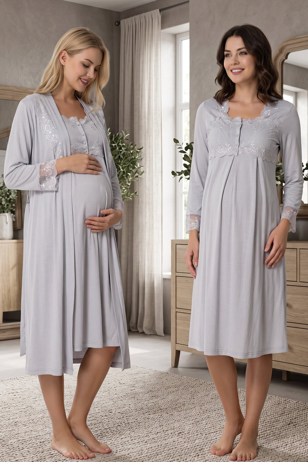 Lace Detailed Maternity Feeding-Friendly Nightgown & Robe Set Grey - T2402