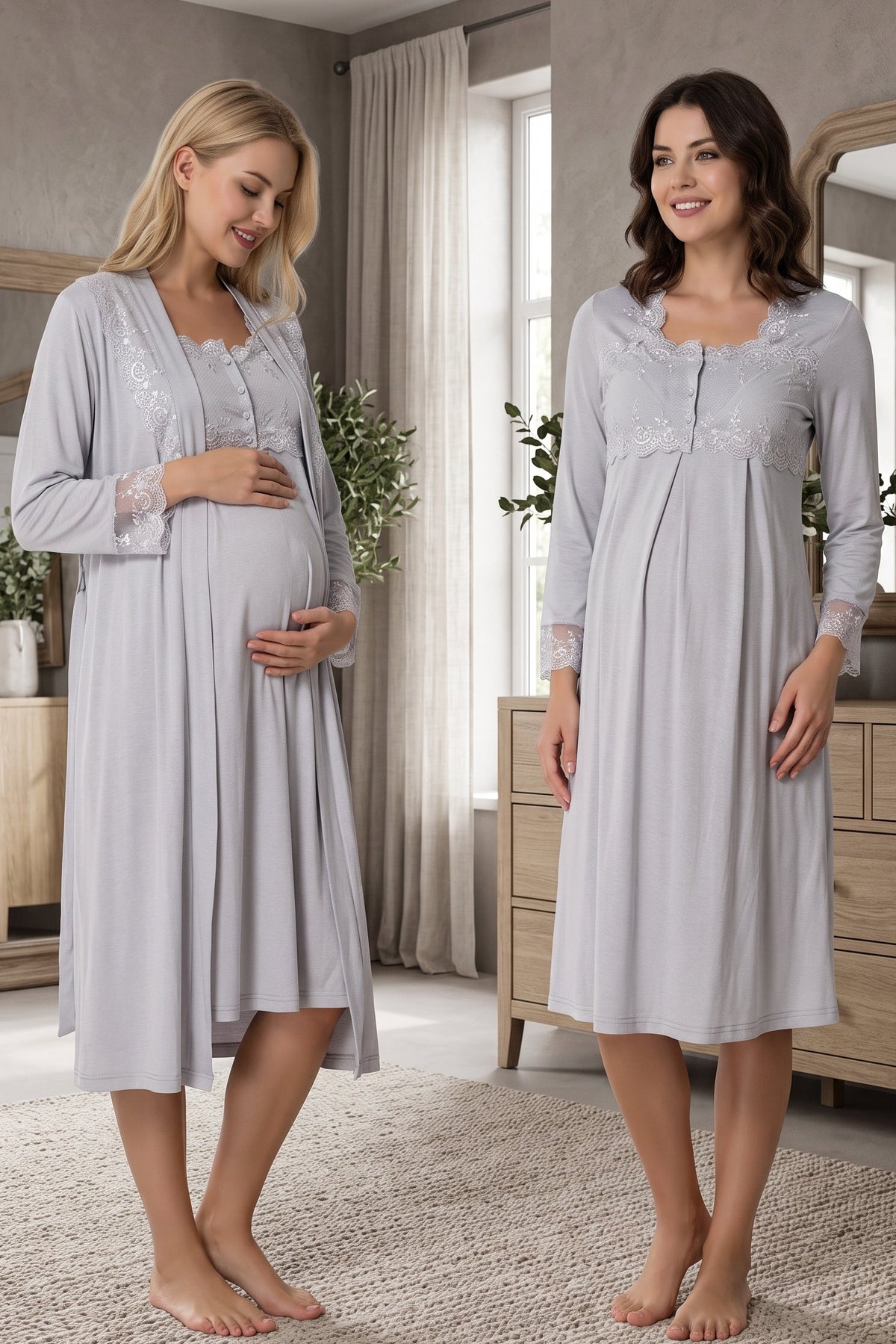 Lace Detailed Maternity Feeding-Friendly Nightgown & Robe Set Grey - T2402