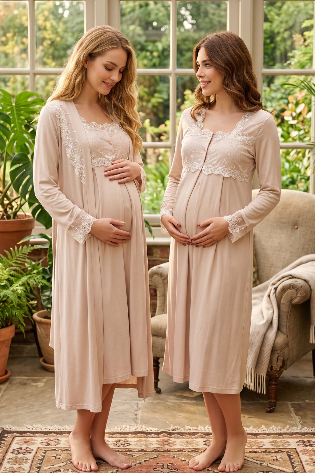 Lace Detailed Maternity Feeding-Friendly Nightgown & Robe Set Mink - T2402