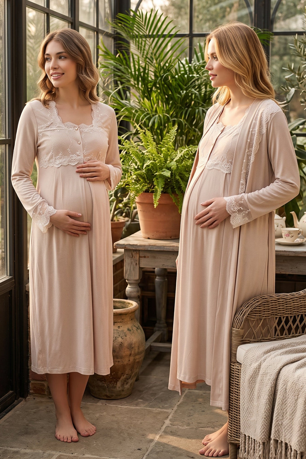 Lace Detailed Maternity Feeding-Friendly Nightgown & Robe Set Mink - T2402