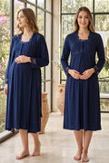 Lace Detailed Maternity Feeding-Friendly Nightgown & Robe Set Navy Blue - T2402