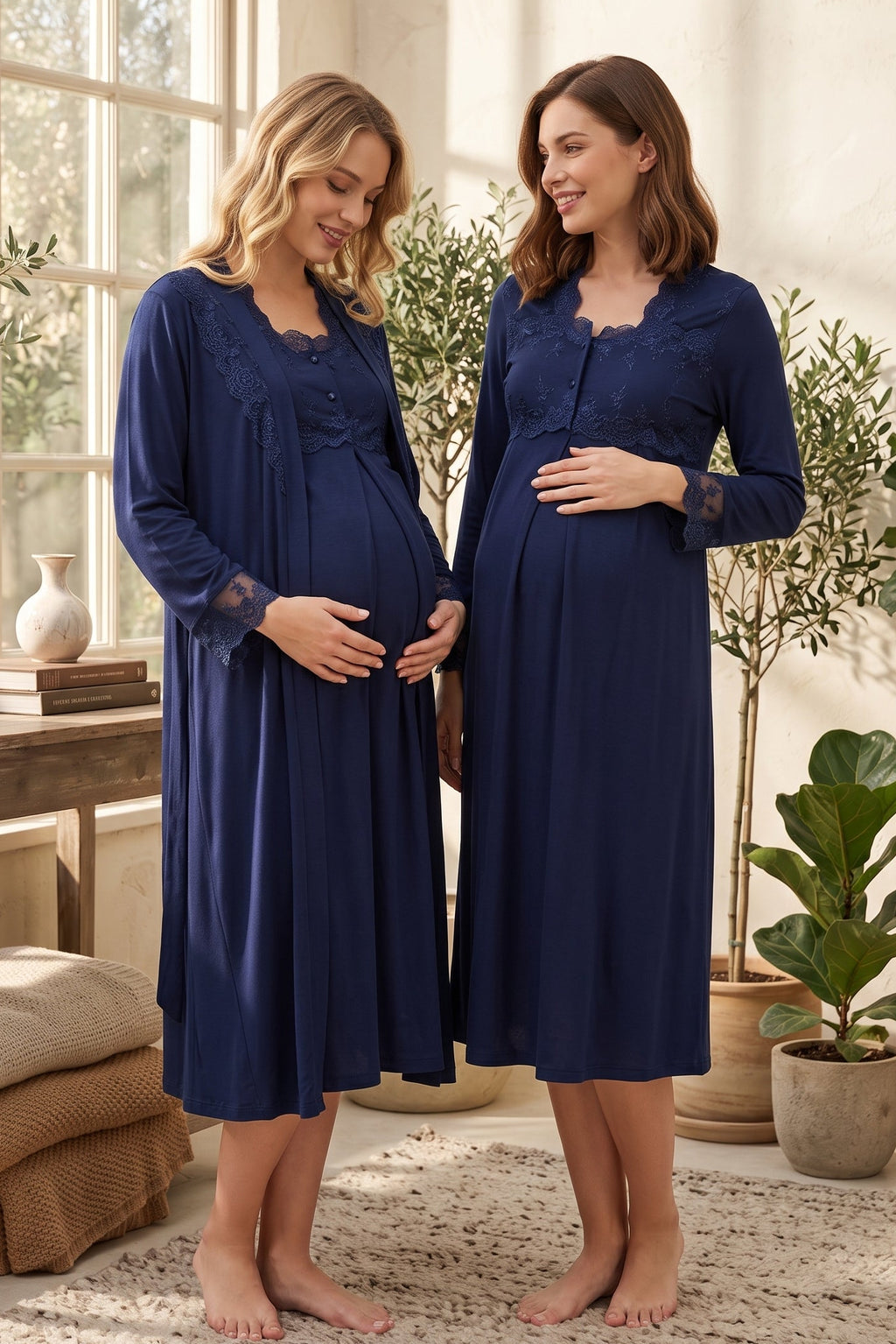 Lace Detailed Maternity Feeding-Friendly Nightgown & Robe Set Navy Blue - T2402