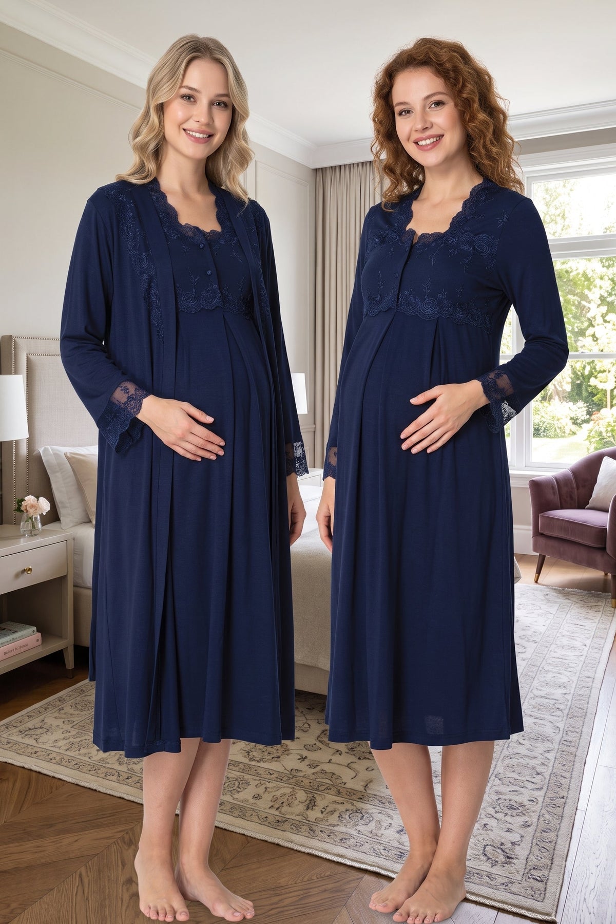 Lace Detailed Maternity Feeding-Friendly Nightgown & Robe Set Navy Blue - T2402