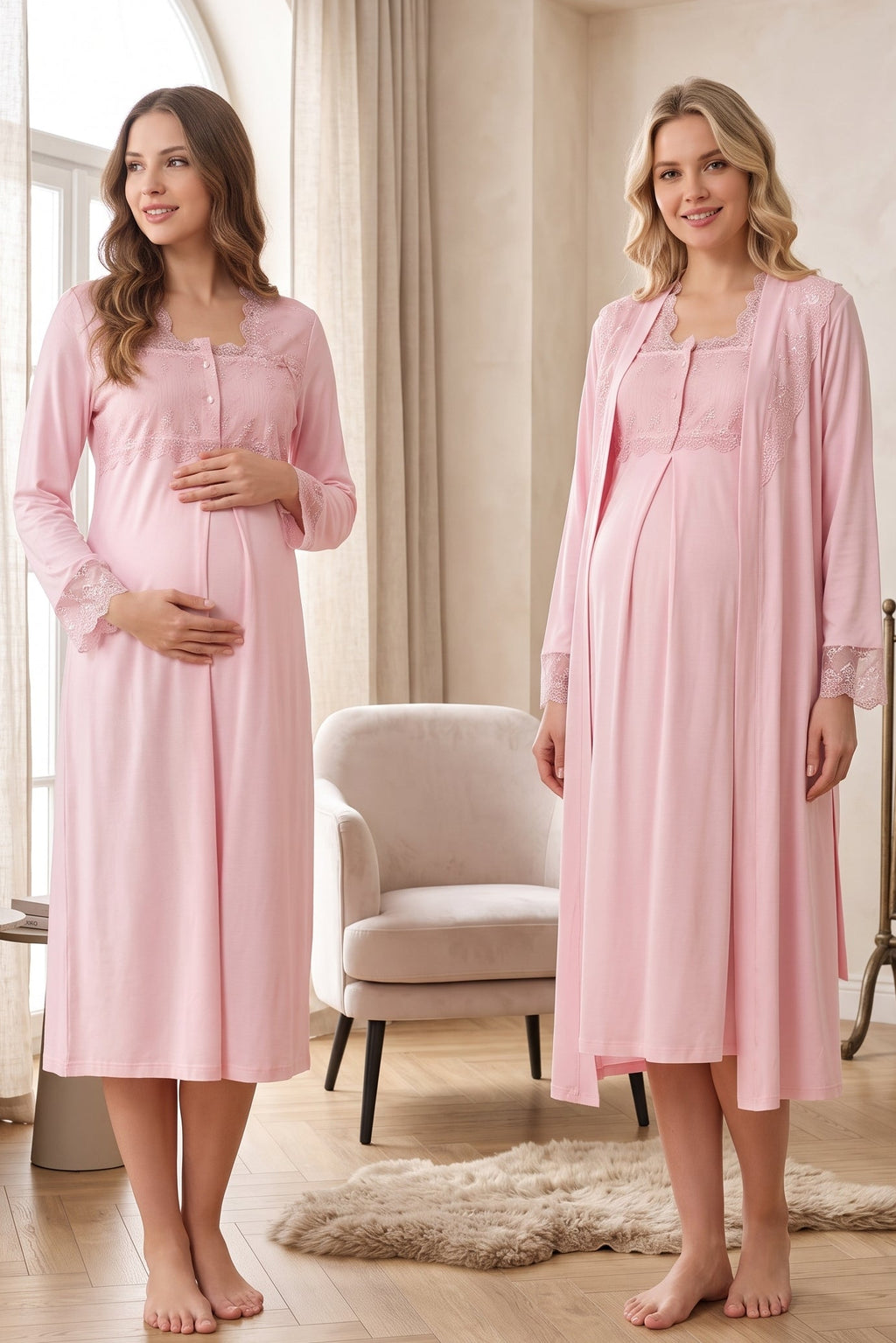 Lace Detailed Maternity Feeding-Friendly Nightgown & Robe Set Pink - T2402
