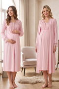 Lace Detailed Maternity Feeding-Friendly Nightgown & Robe Set Pink - T2402