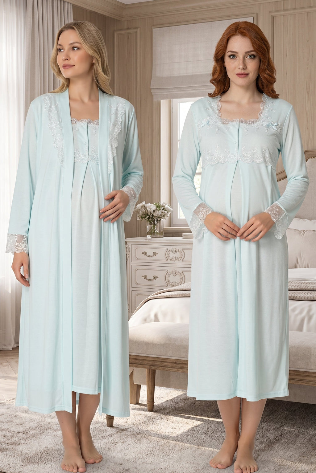 Lace Detailed Maternity Feeding-Friendly Nightgown & Robe Set Turquoise - T2402