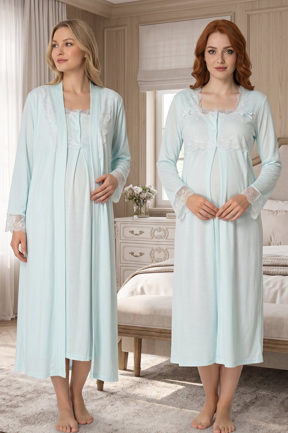Lace Detailed Maternity Feeding-Friendly Nightgown & Robe Set Turquoise - T2402