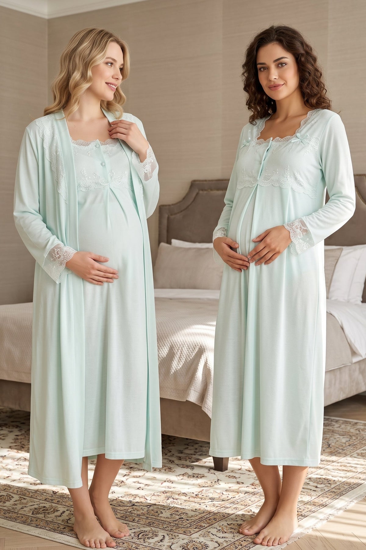 Lace Detailed Maternity Feeding-Friendly Nightgown & Robe Set Turquoise - T2402