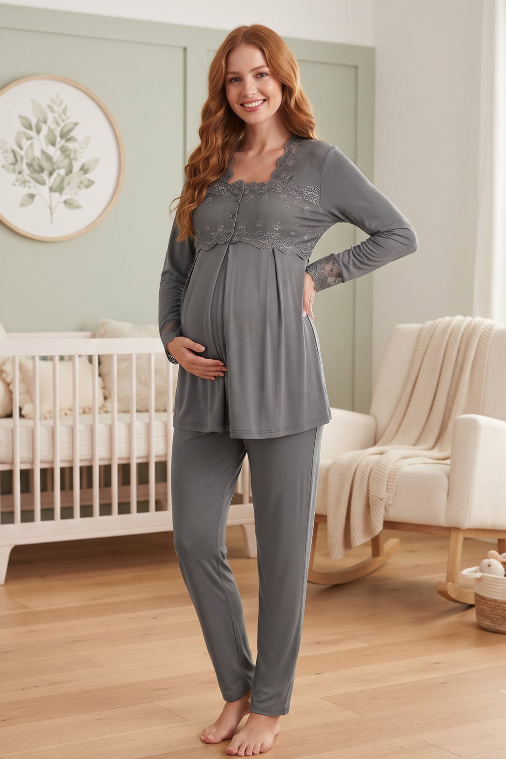 Lace Detailed Maternity Feeding-Friendly Pajama Set Anthracite - T2403