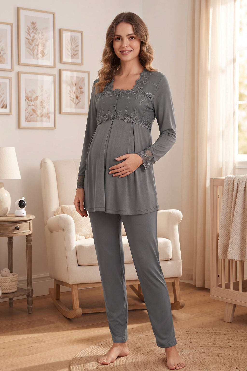 Lace Detailed Maternity Feeding-Friendly Pajama Set Anthracite - T2403