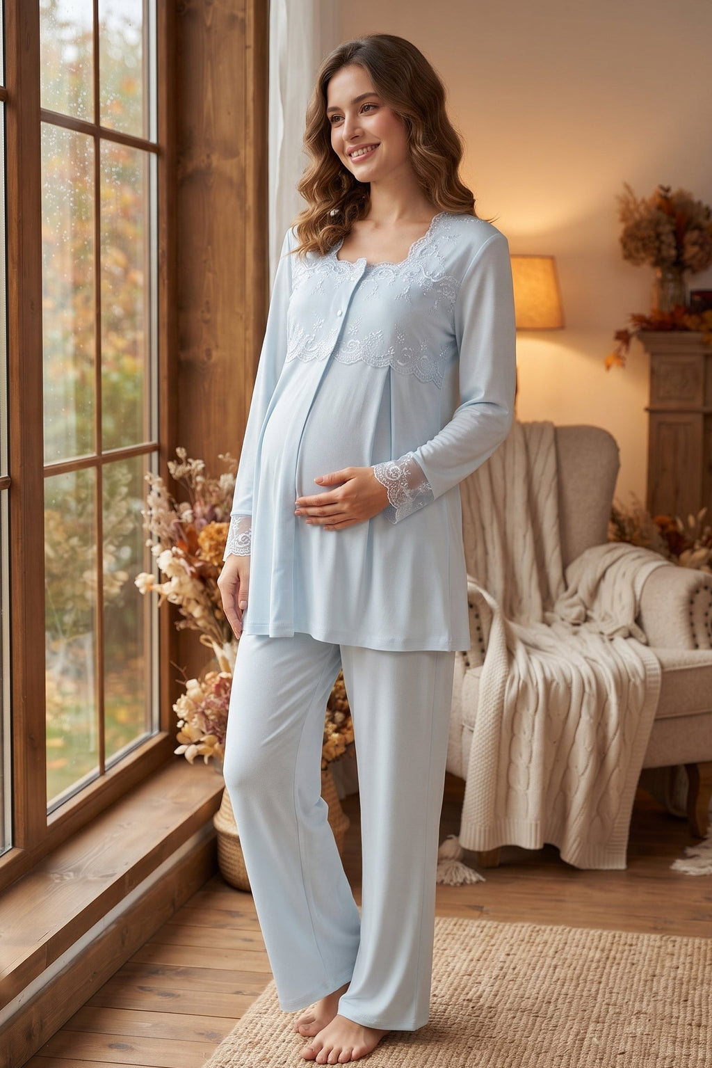 Lace Detailed Maternity Feeding-Friendly Pajama Set Blue - T2403