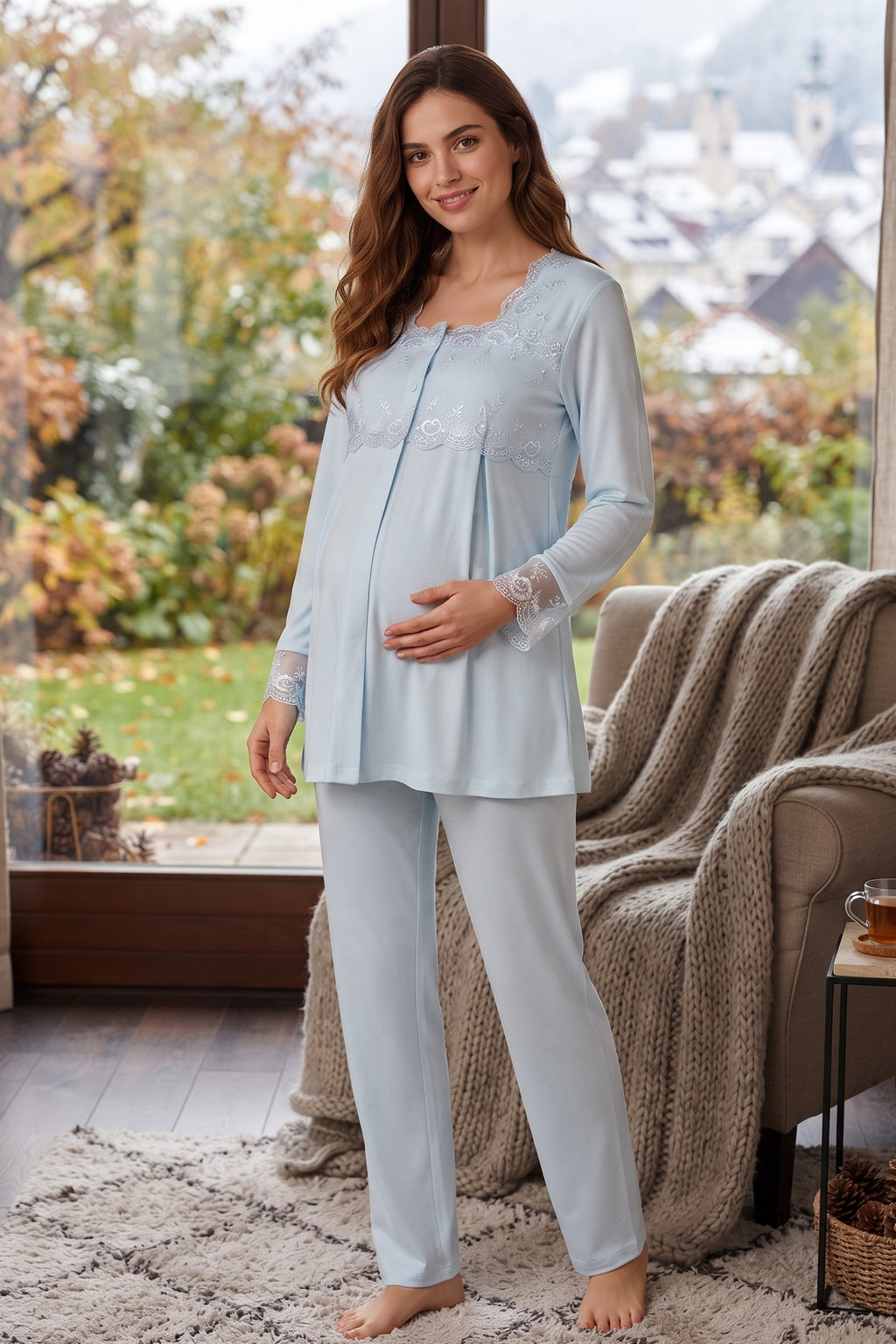 Lace Detailed Maternity Feeding-Friendly Pajama Set Blue - T2403