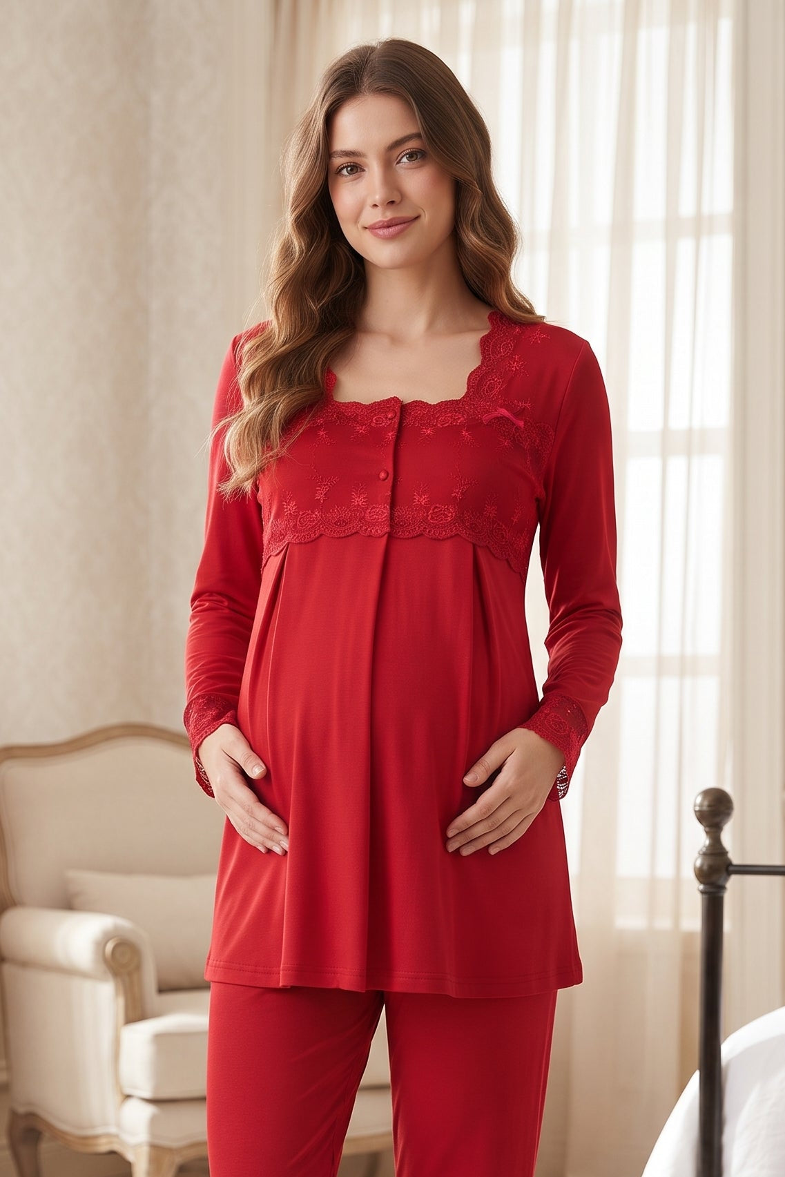 Lace Detailed Maternity Feeding-Friendly Pajama Set Cherry - T2403