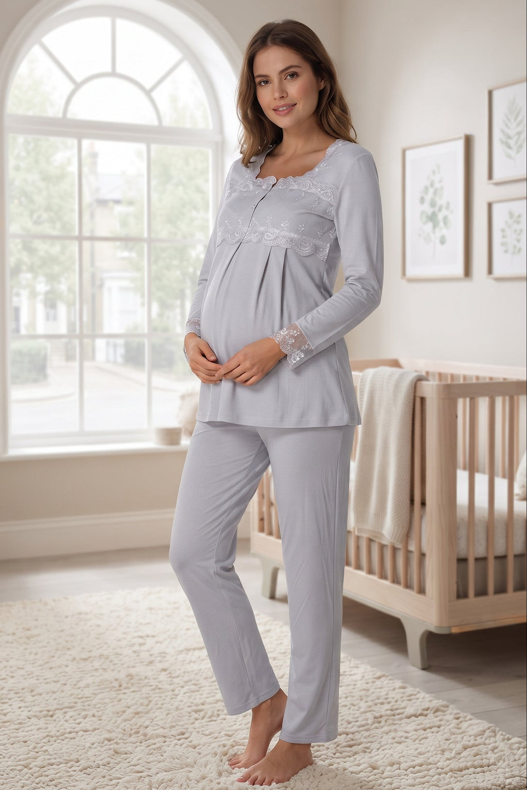 Lace Detailed Maternity Feeding-Friendly Pajama Set Grey - T2403