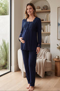 Lace Detailed Maternity Feeding-Friendly Pajama Set Navy Blue - T2403