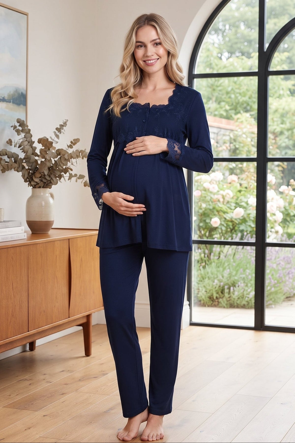 Lace Detailed Maternity Feeding-Friendly Pajama Set Navy Blue - T2403