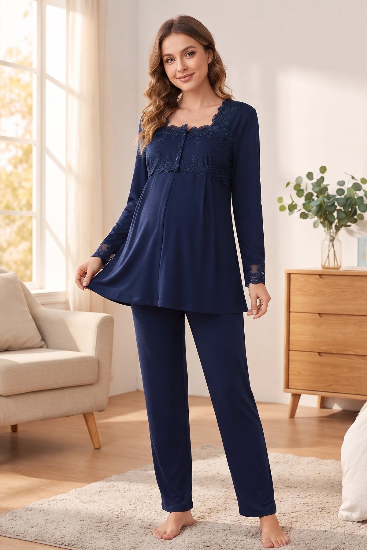 Lace Detailed Maternity Feeding-Friendly Pajama Set Navy Blue - T2403