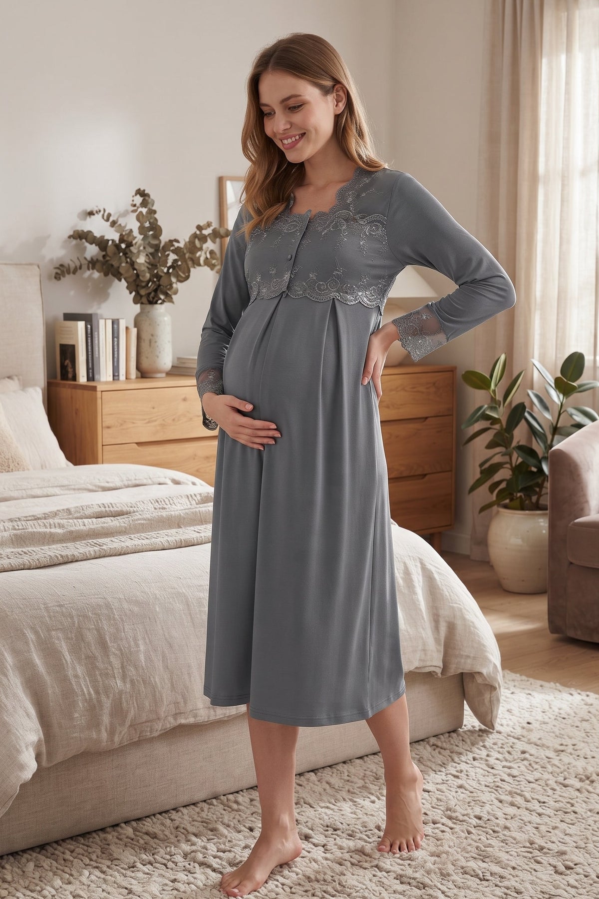 Lace Detailed Maternity Feeding-Friendly Nightgown Anthracite - T2404