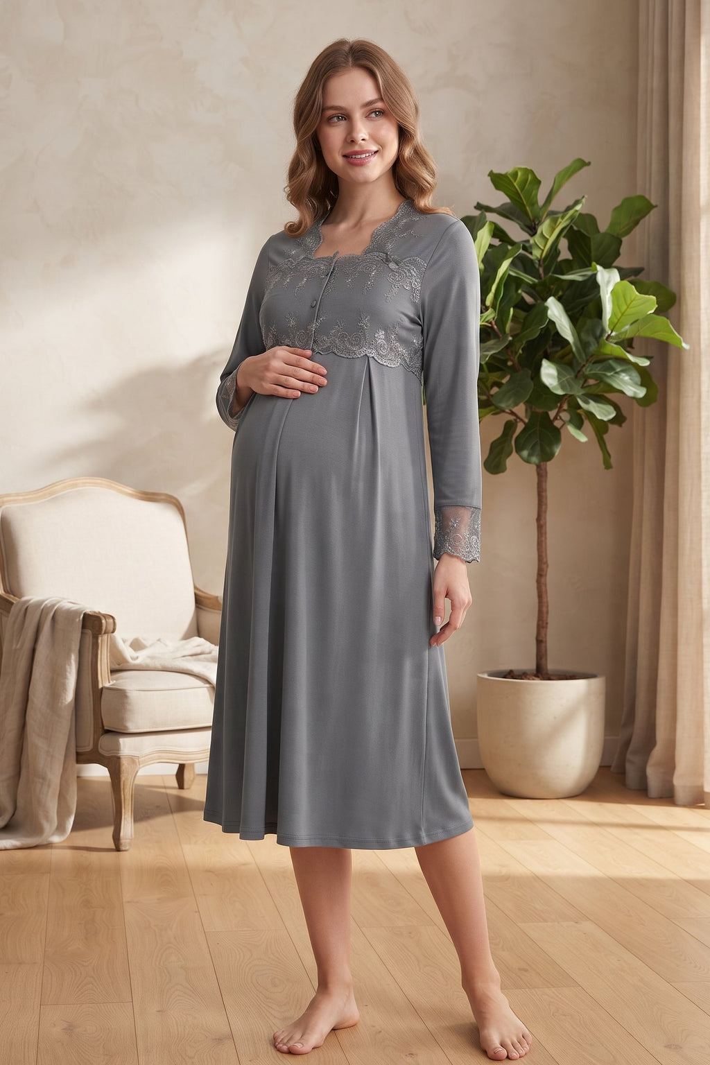 Lace Detailed Maternity Feeding-Friendly Nightgown Anthracite - T2404