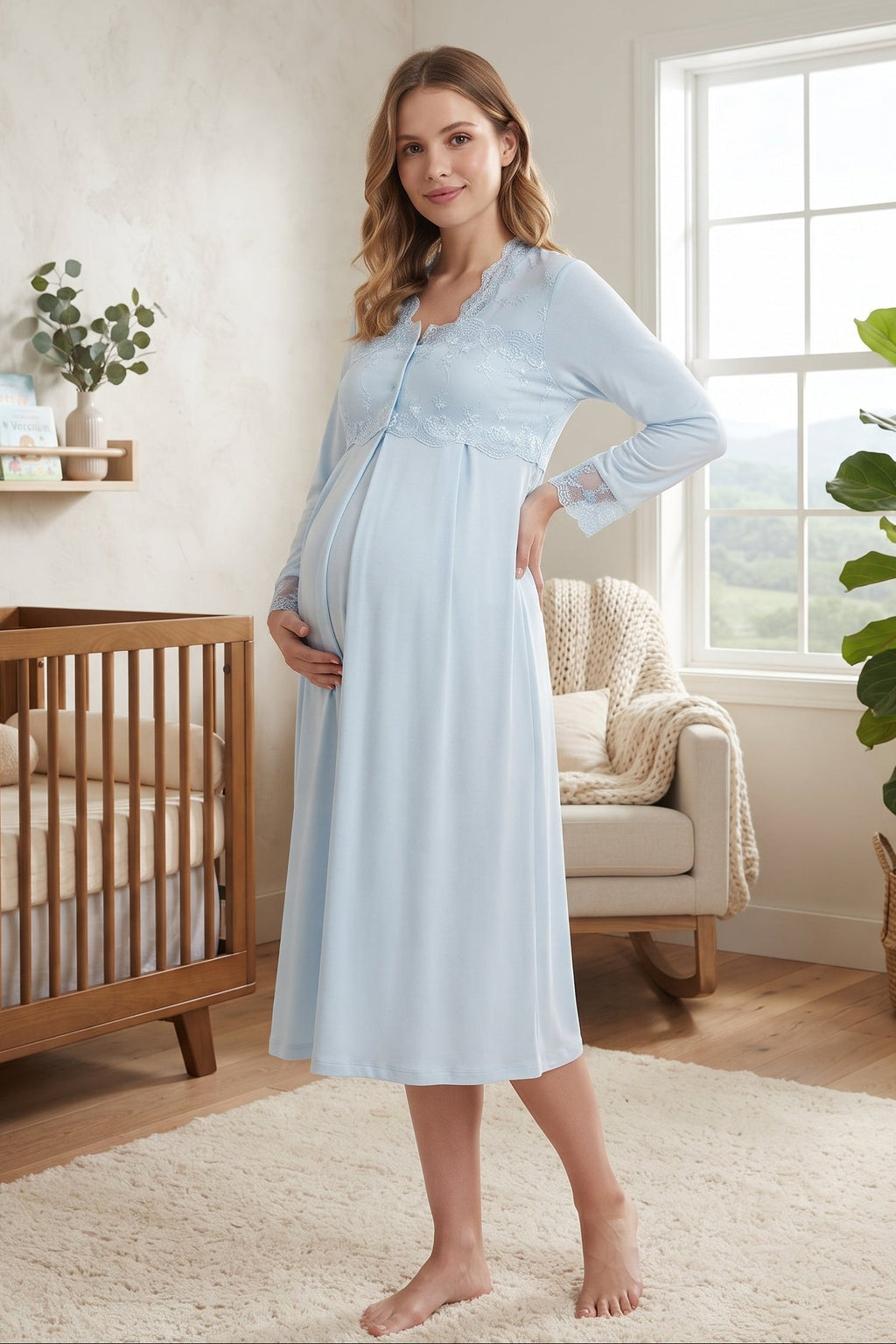 Lace Detailed Maternity Feeding-Friendly Nightgown Blue - T2404