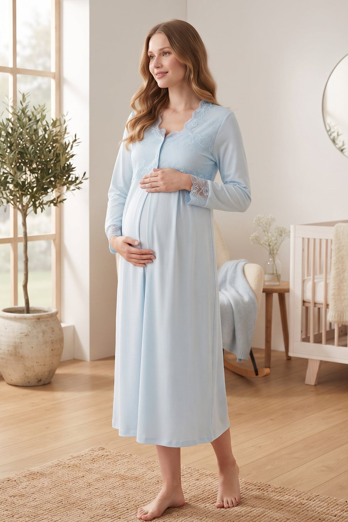 Lace Detailed Maternity Feeding-Friendly Nightgown Blue - T2404