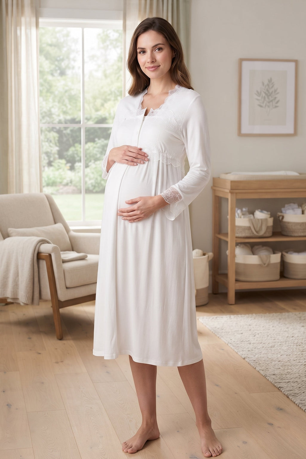 Lace Detailed Maternity Feeding-Friendly Nightgown Ecru - T2404