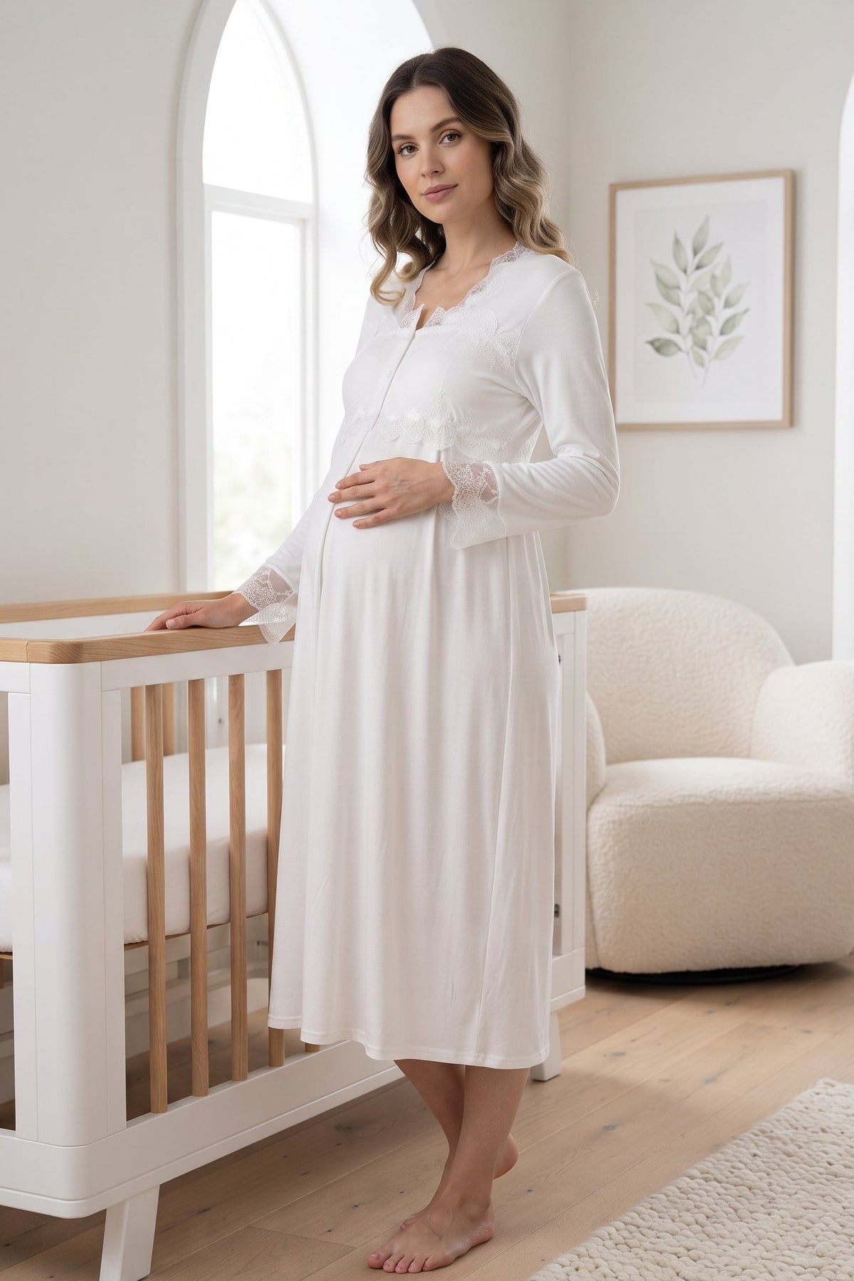 Lace Detailed Maternity Feeding-Friendly Nightgown Ecru - T2404