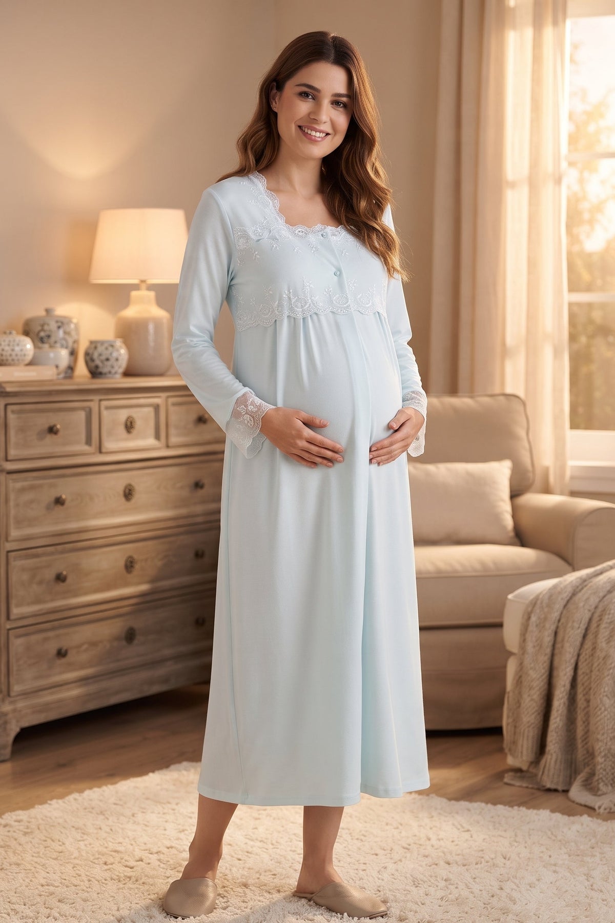 Lace Detailed Maternity Feeding-Friendly Nightgown Turquoise - T2404