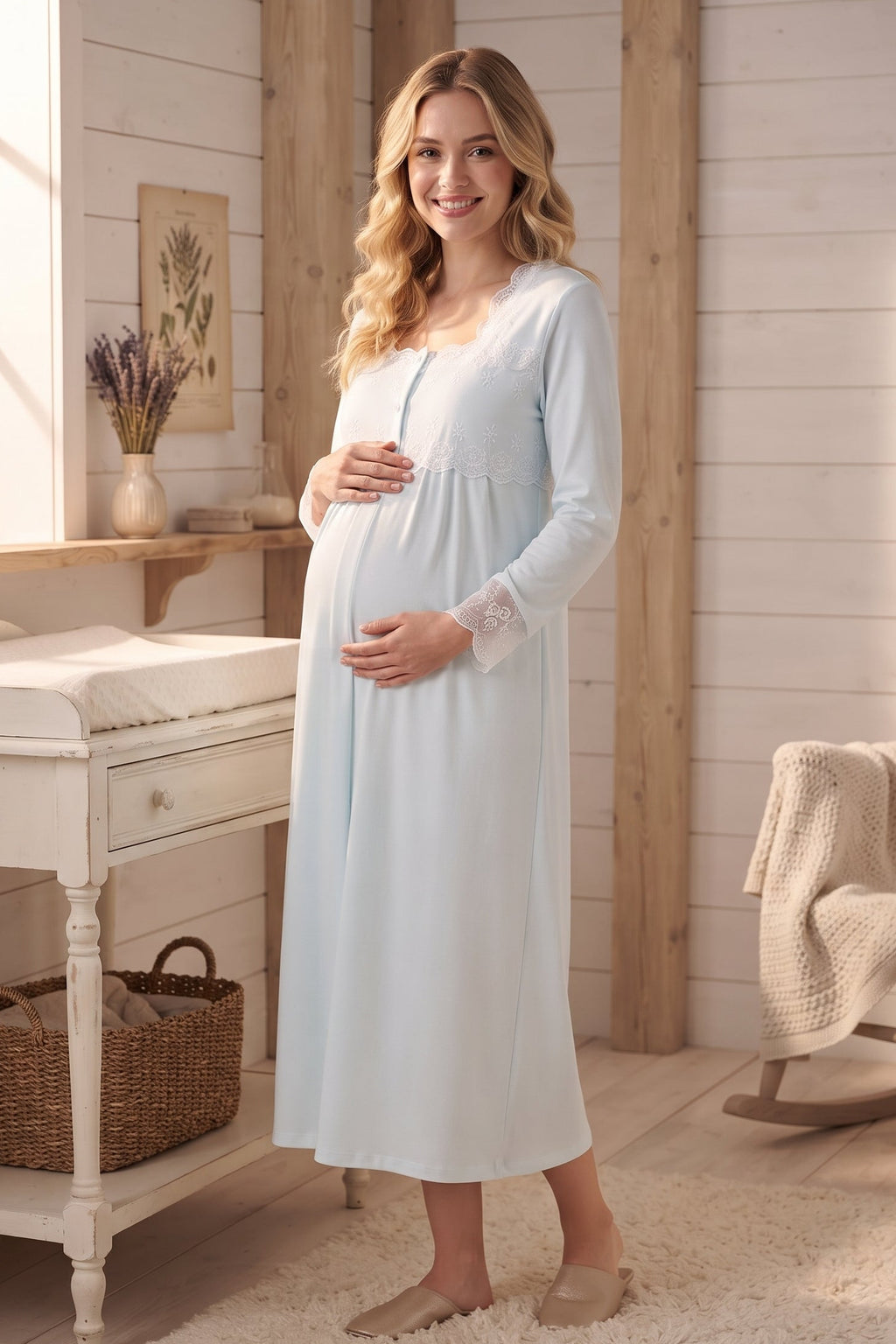 Lace Detailed Maternity Feeding-Friendly Nightgown Turquoise - T2404