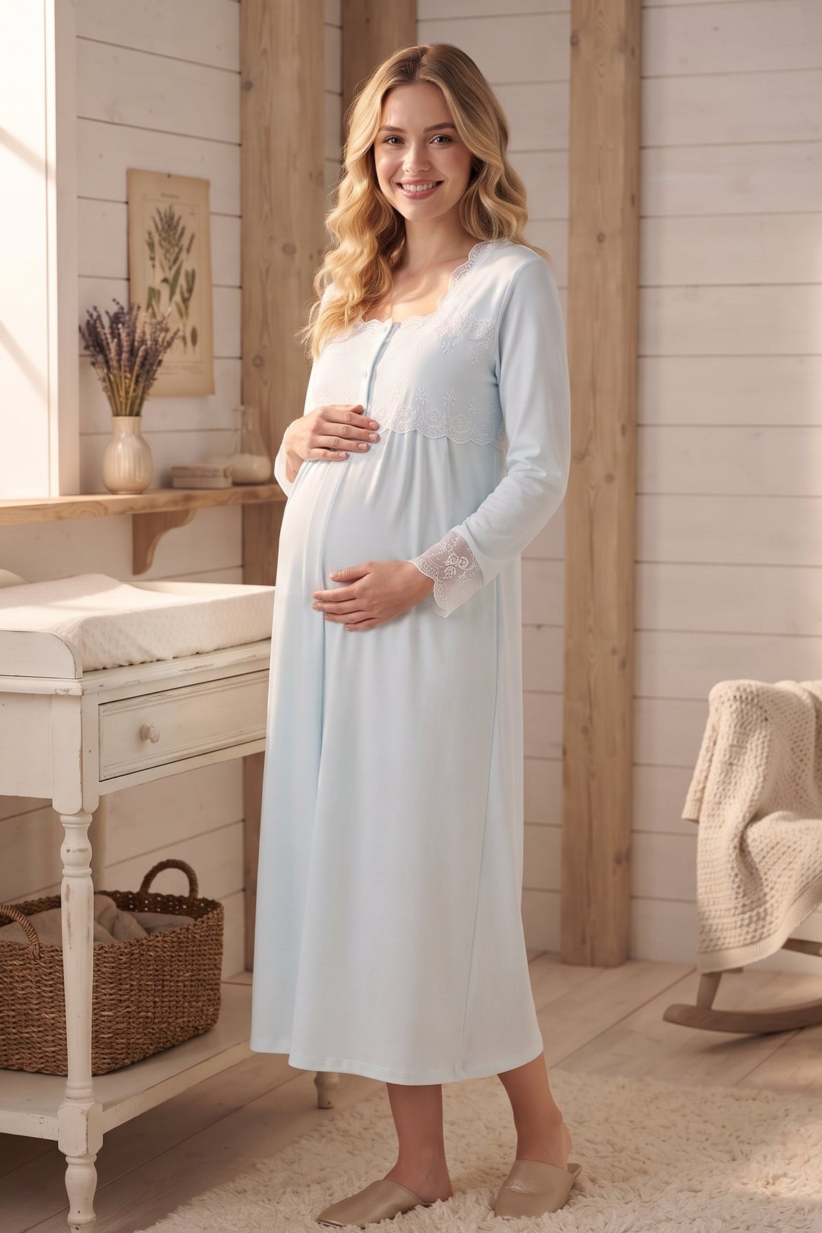 Lace Detailed Maternity Feeding-Friendly Nightgown Turquoise - T2404