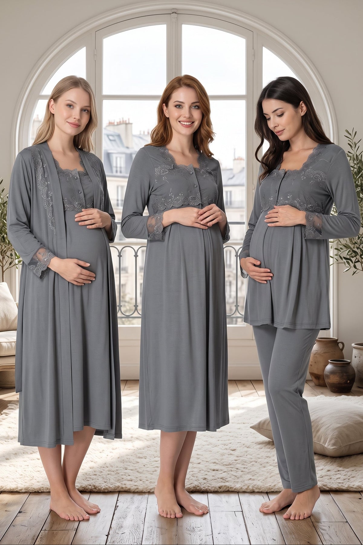 Lace Detailed 4-Piece Maternity Feeding-Friendly Set Anthracite - T2405
