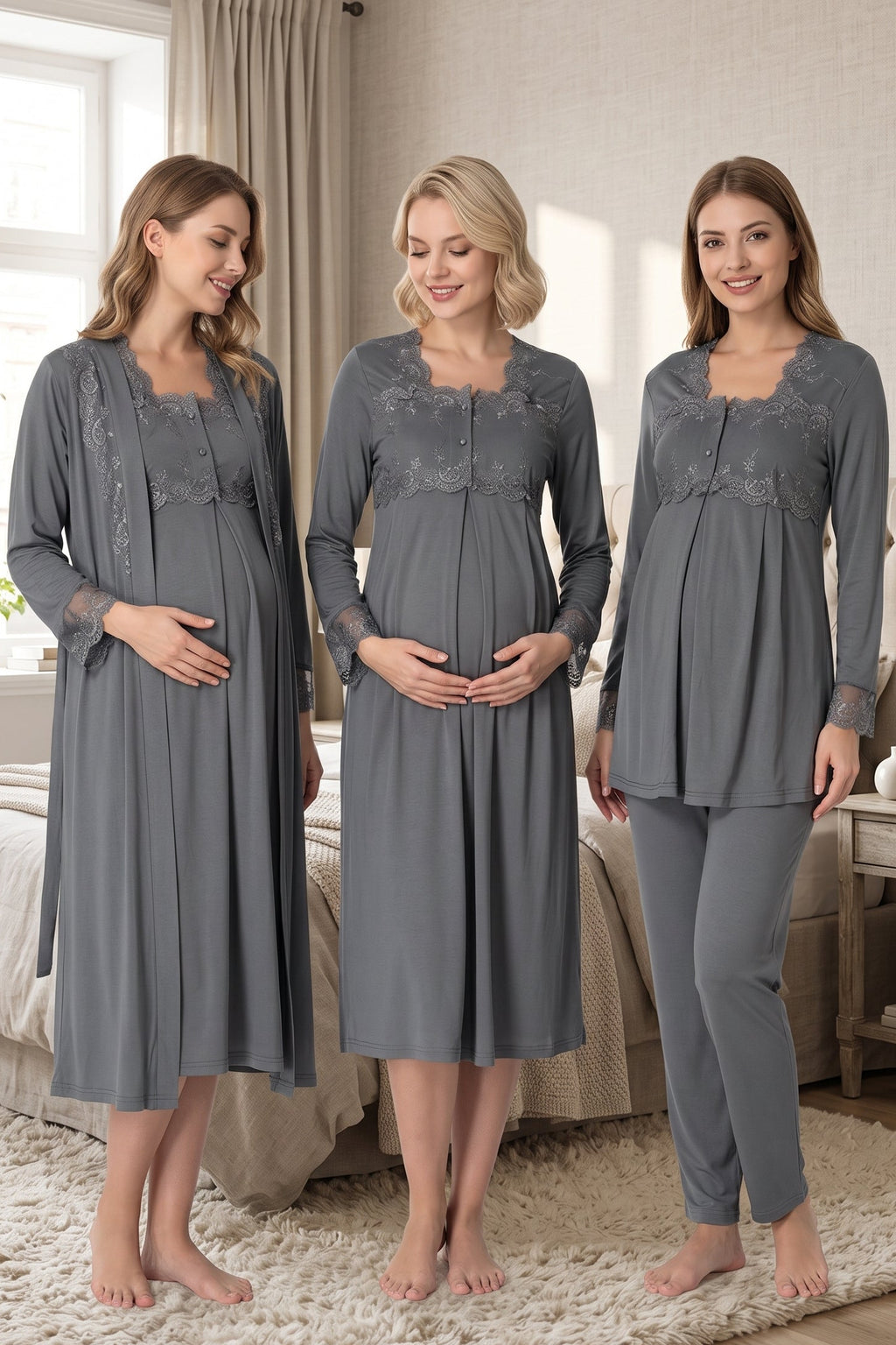 Lace Detailed 4-Piece Maternity Feeding-Friendly Set Anthracite - T2405