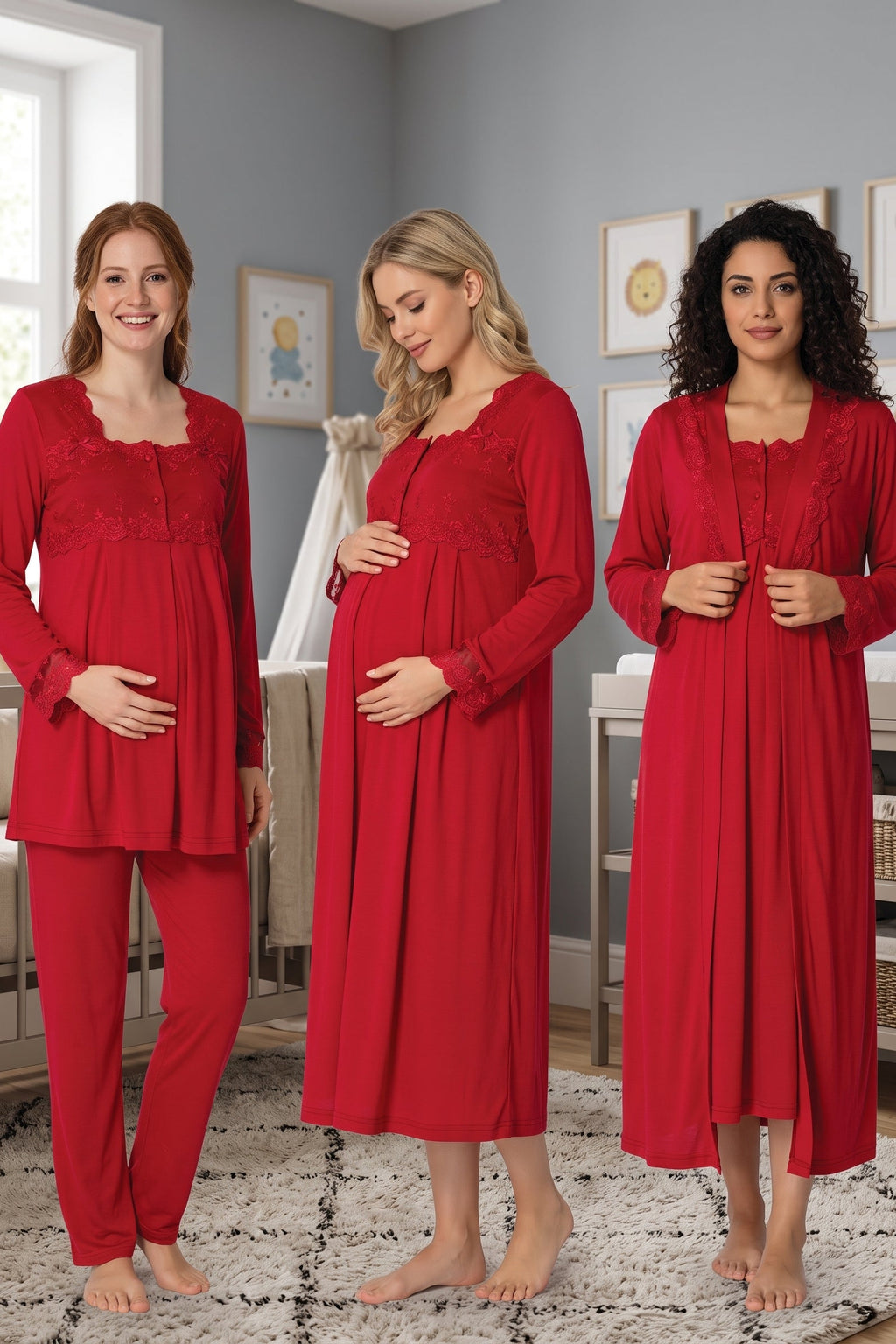 Lace Detailed 4-Piece Maternity Feeding-Friendly Set Cherry - T2405